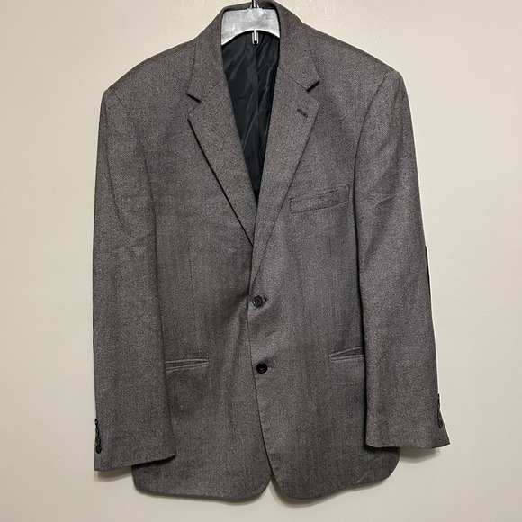 Andrew Fezza Blazer Sport Coat 44R‎ Gray Black Herringbone Elbow Patch Wool Silk - Picture 1 of 11